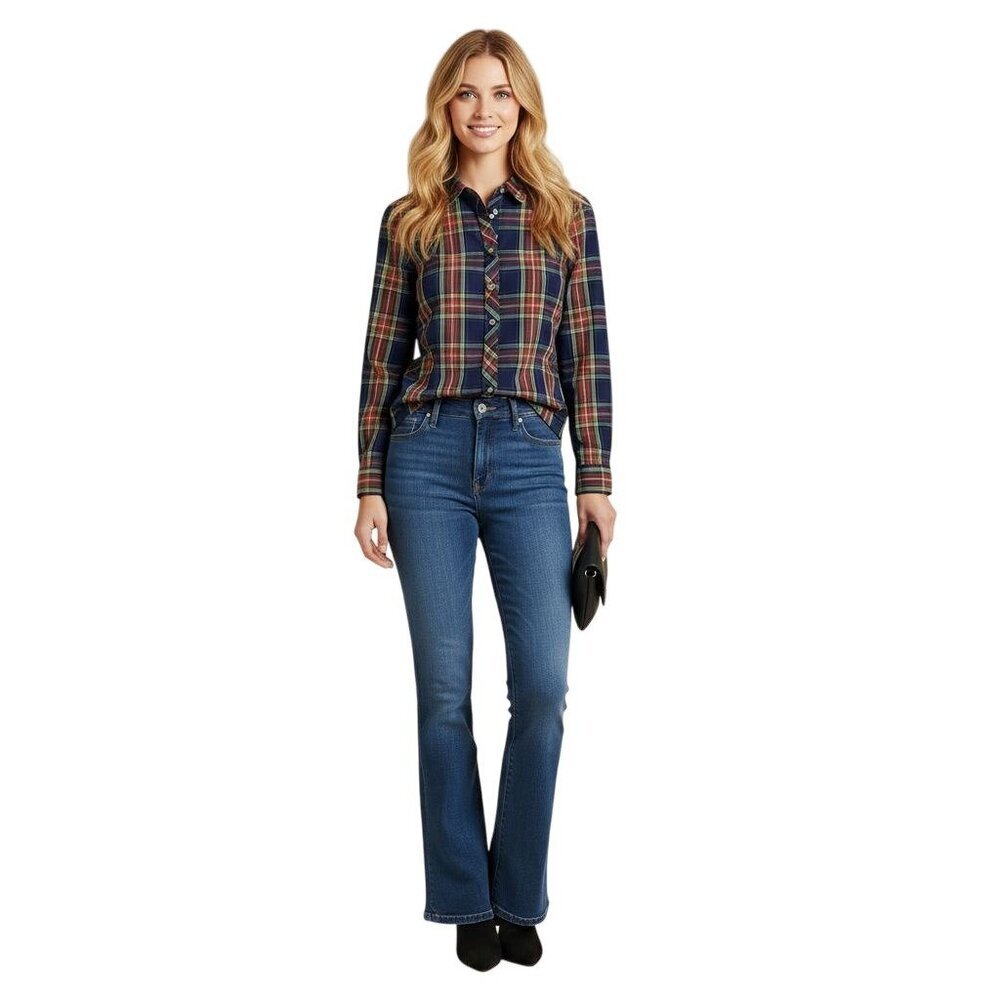 Talbots Tartan Plaid Tiny Gold Button Cotton Blend ButtonDown Blouse Size 8